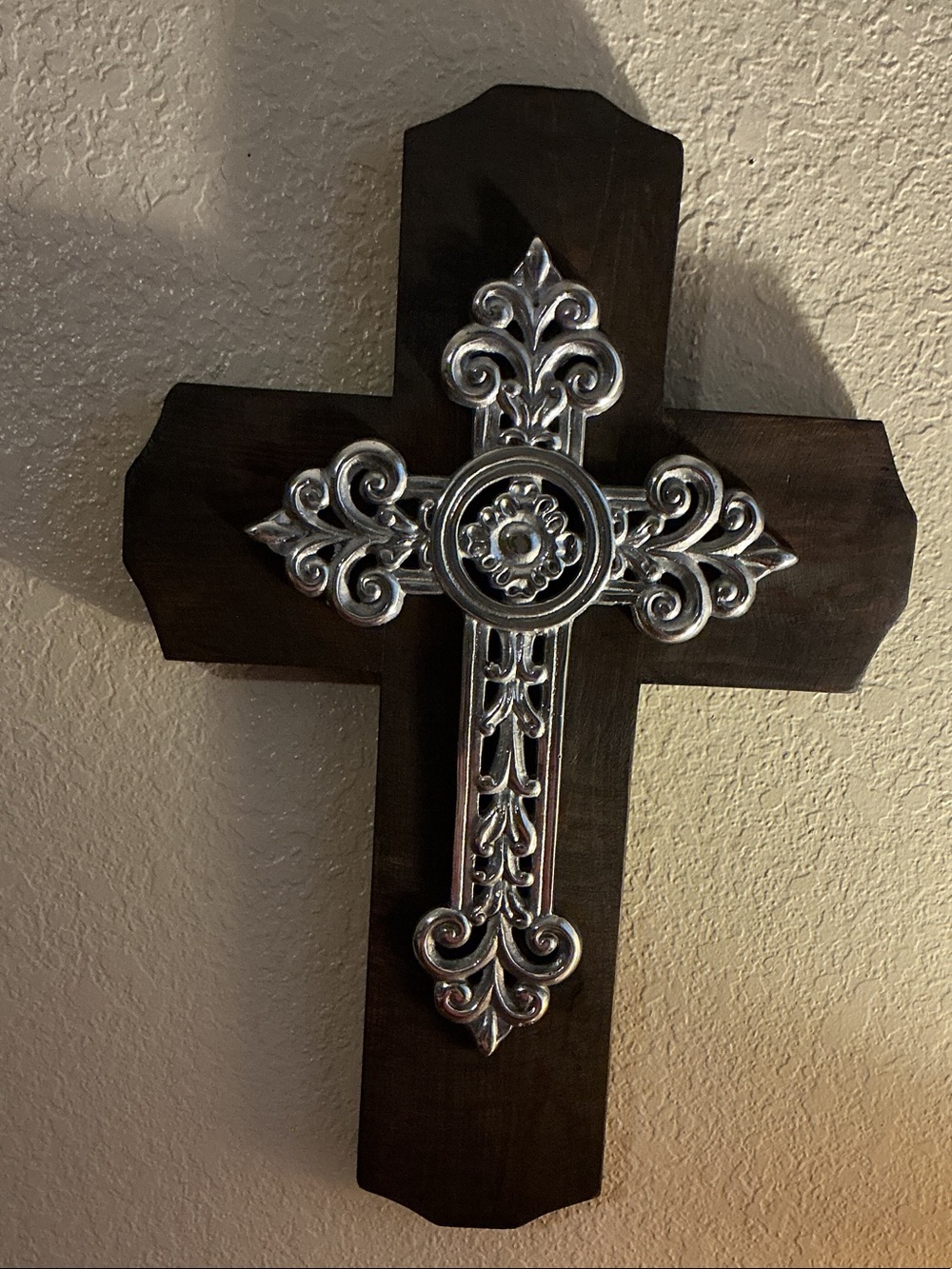 Decorative Wooden Wall Cross with Silver Accent hand made
